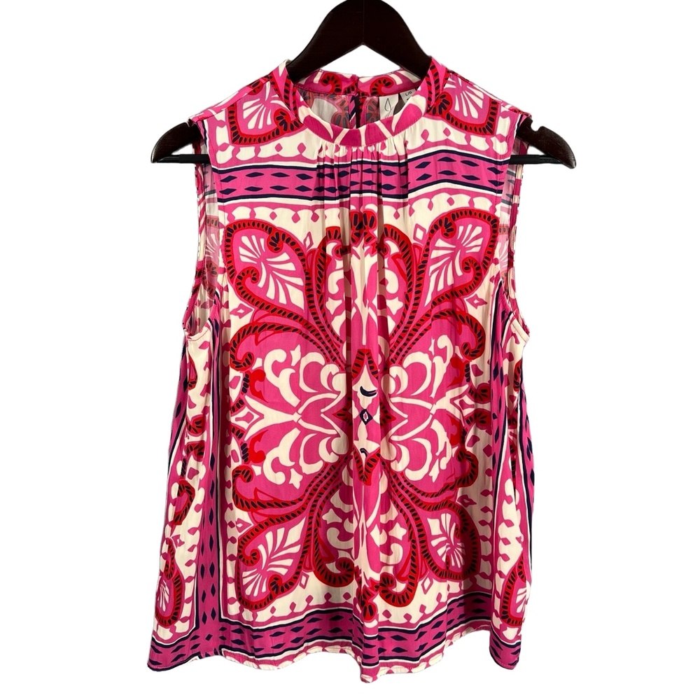 Joie Blouse Pink White Sleeveless High Neck‎ Ornate Pattern Silky Feel Large